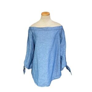 Free People Shirt Top Blouse Off The Shoulder Blue Chambray Size Small